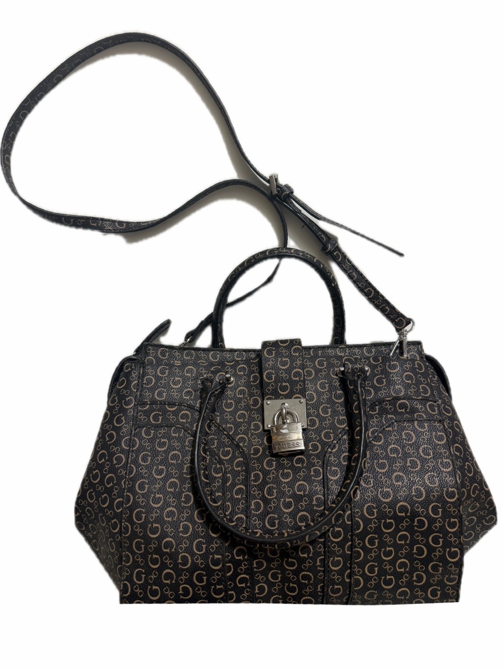 Cute! Guess Handbag Purse Dark Brown & Tan with 2 Stras